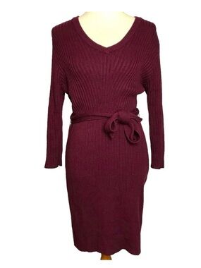 Amour Vert 100% Wool Ribbed Burgundy Plum V Neck Quarter Sleeve Sweater-Dress